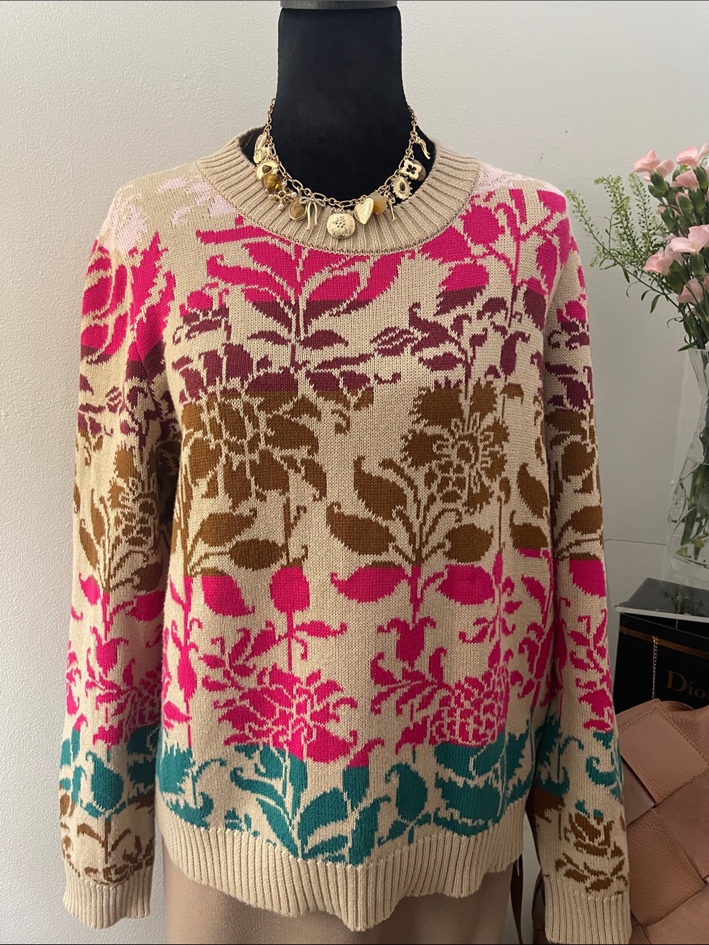 Weekend MaxMara Tan Sweater with Pink, Brown & Teal Floral Jacquard